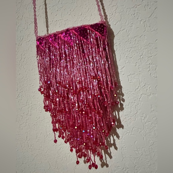Y2K Barbie Pink Beaded Fringe Sequin Crossbody Mini Bag Purse - Picture 4 of 5